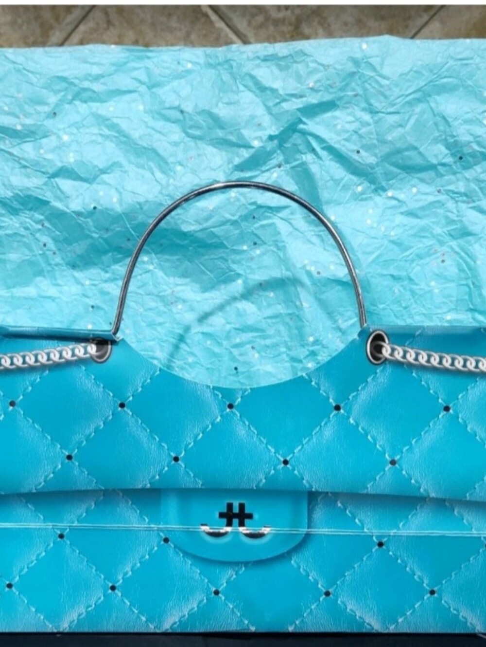 Revel Turquoise Paper Wine Gift Bag Silver Handles Chain Accent Preowned